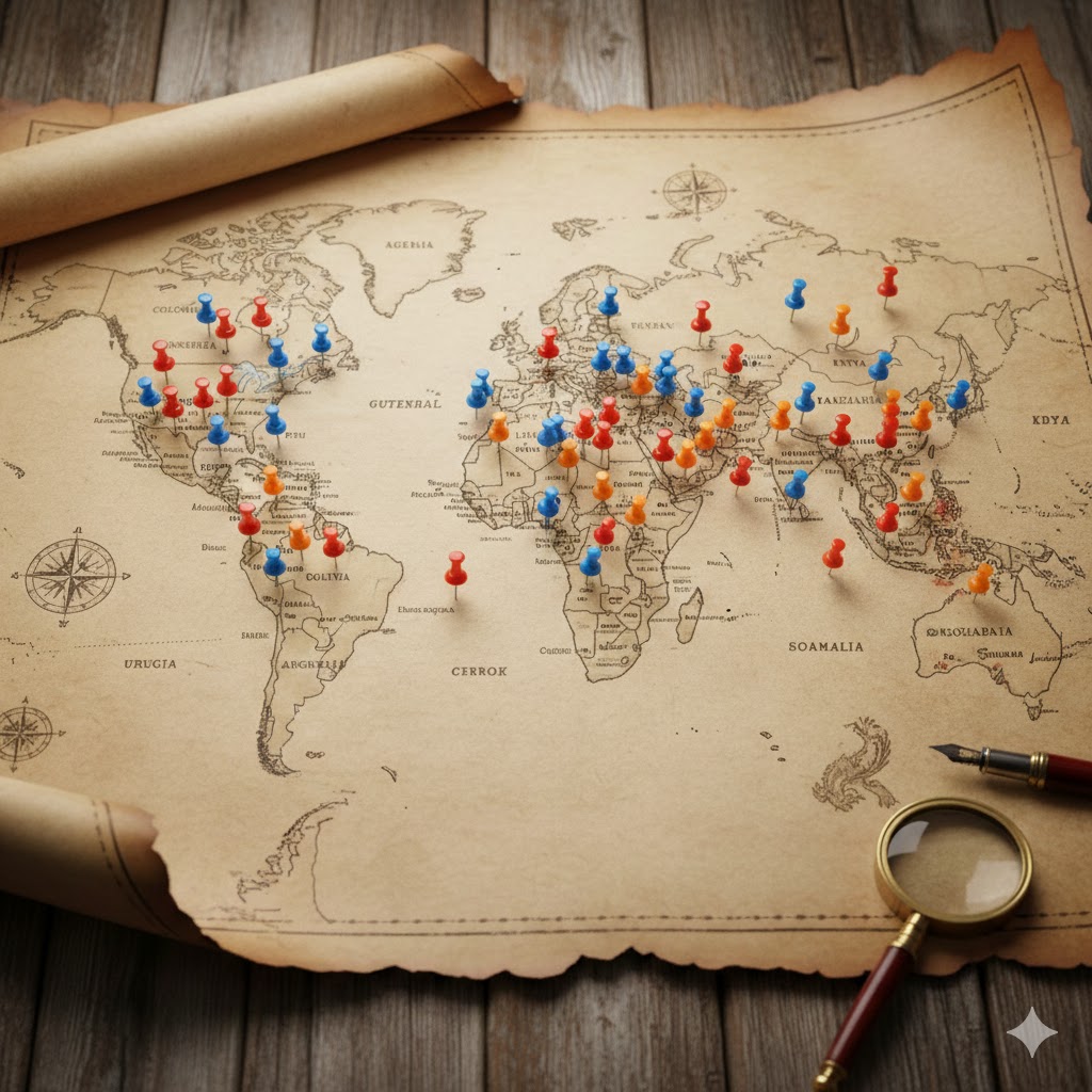 Carte monde avec punaises montrant 70+ nationalités